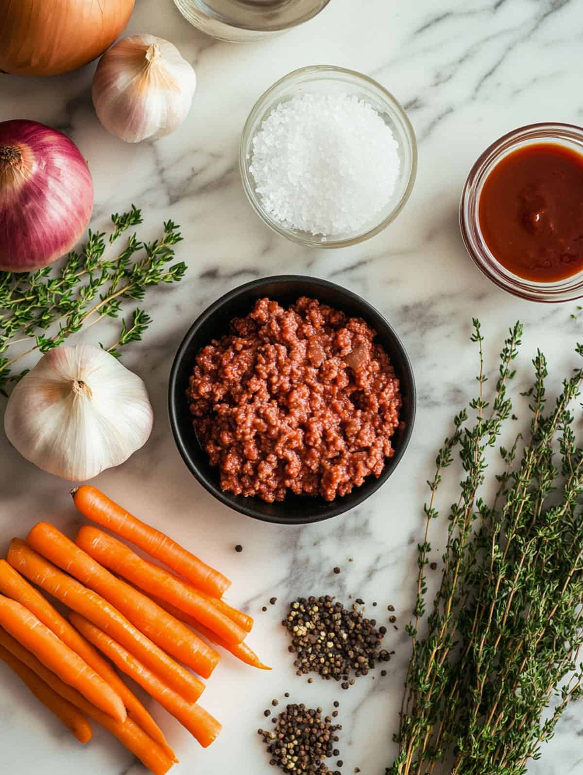 An overhead view of ingredients for homemade sloppy joes, including carrots, garlic, onions, ground beef, and herbs.