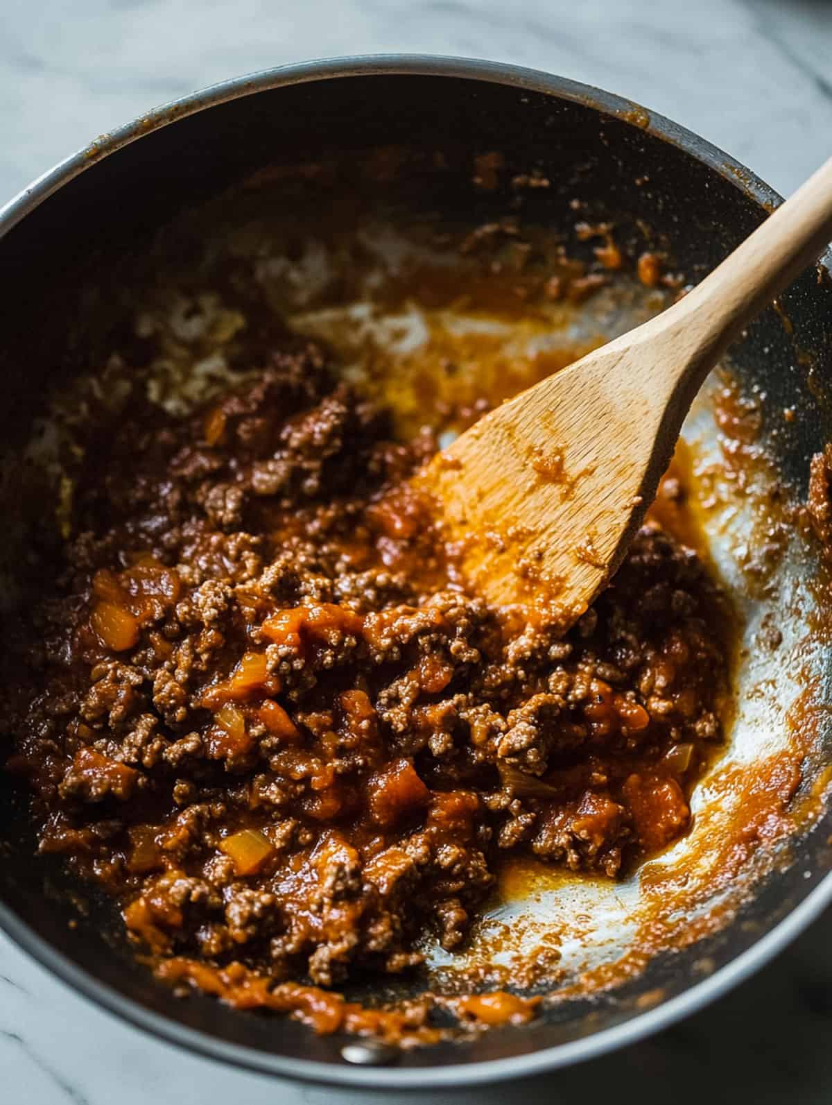 Sloppy joe sauce simmering in a skillet with a wooden spoon resting on the side.