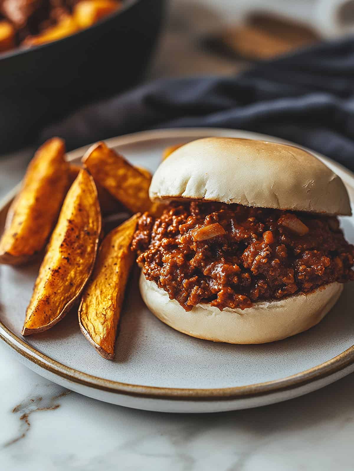 A close-up of a sloppy joe sandwich with a side of seasoned potato wedges on a ceramic plate.