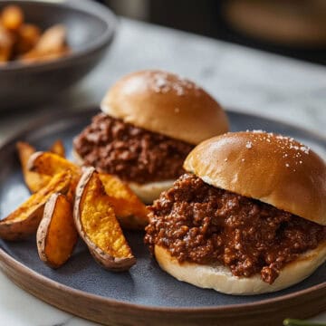 Two homemade sloppy joes on a plate, accompanied by sweet potato wedges.