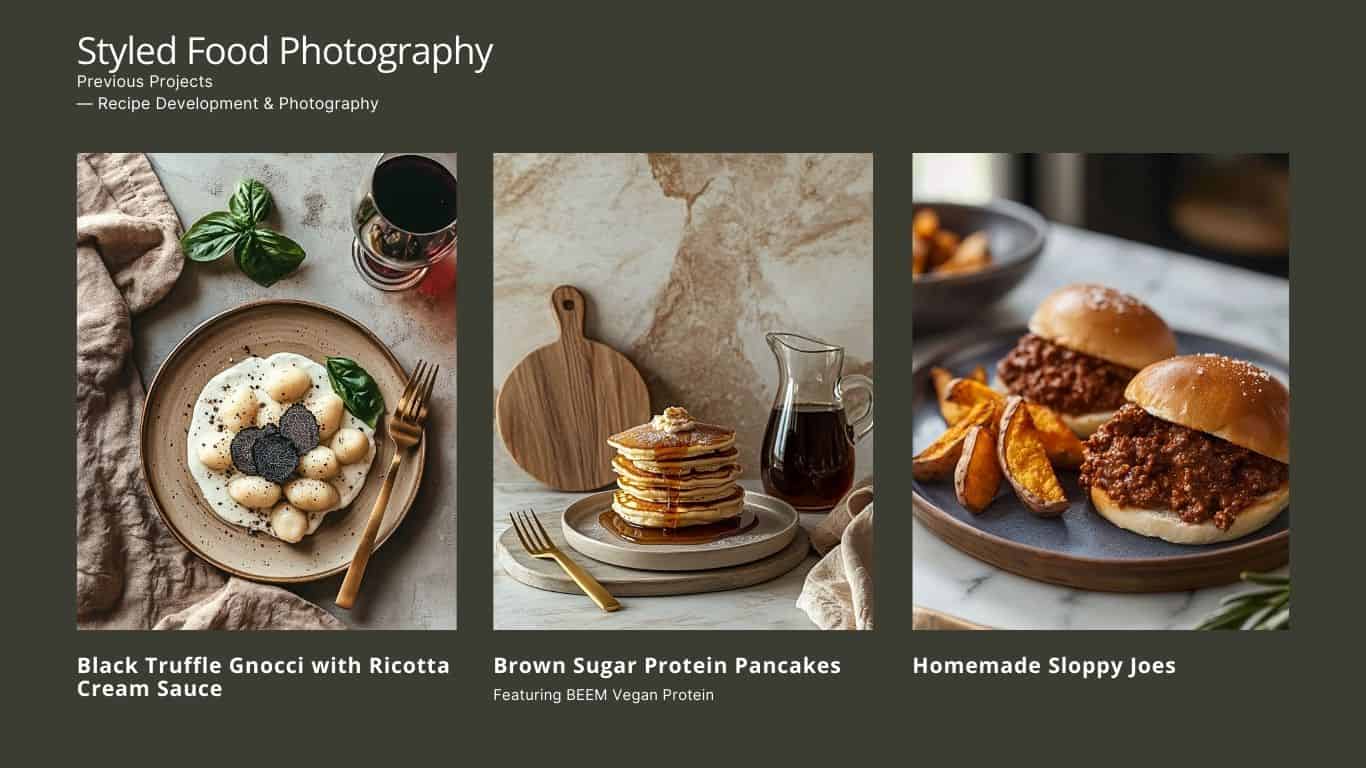 Styled food photography by Taylor McCain showcasing black truffle gnocchi with ricotta cream sauce, brown sugar protein pancakes, and homemade sloppy joes.