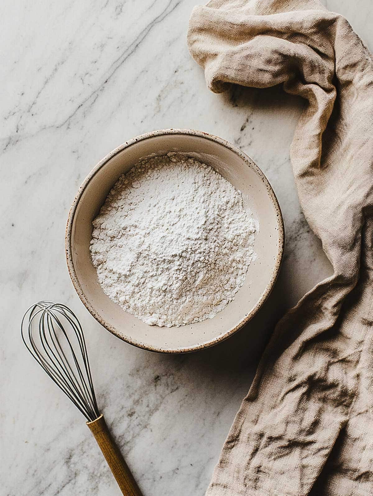 A bowl of flour with a whisk on a marble countertop, ready for making brown sugar protein pancakes