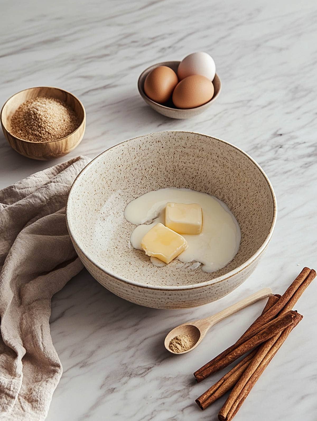 Ingredients for Brown Sugar Protein Pancakes - Butter, Eggs, and Cinnamon