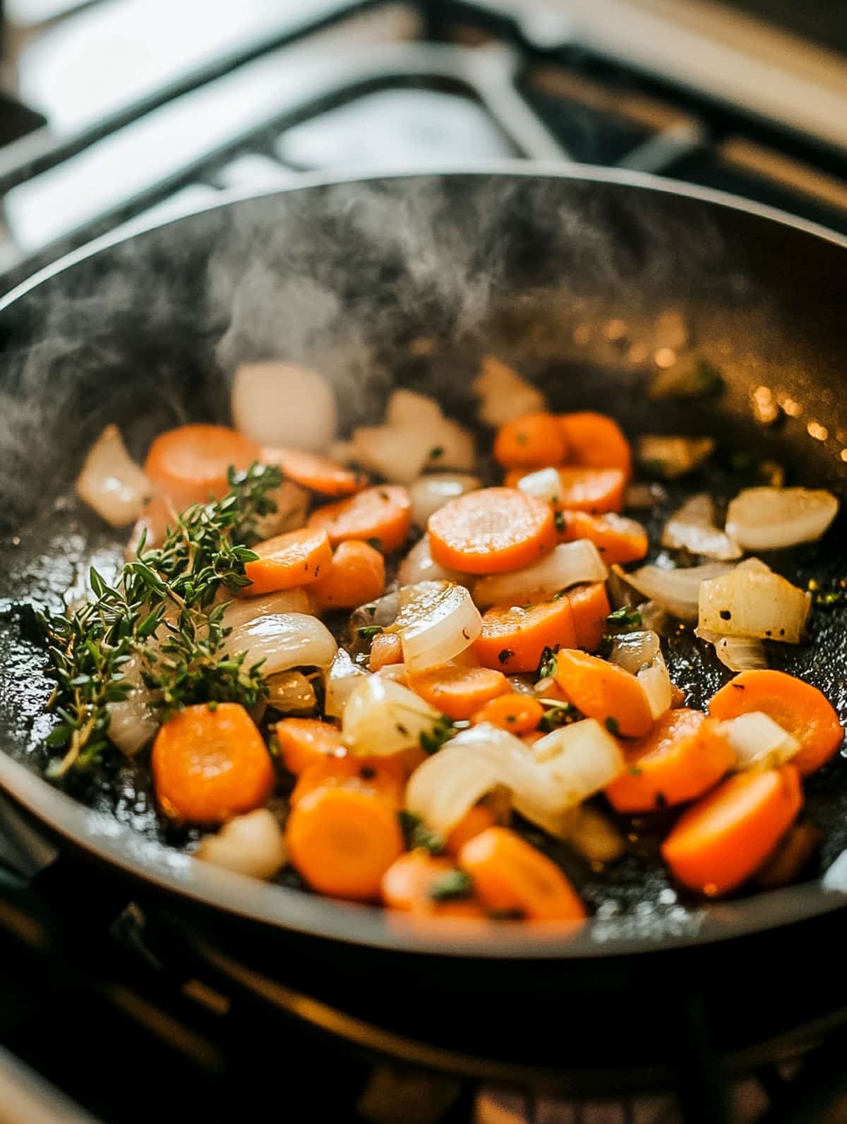 Carrots, onions, garlic, and thyme being sautéed in a skillet with olive oil, emitting steam on a stove.