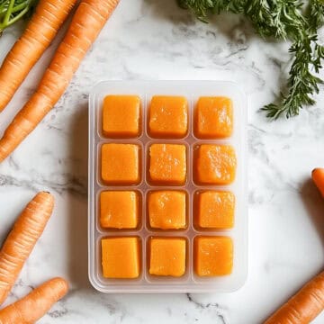 Close-up of frozen Hidden Veggie Carrot and Onion Puree cubes in a container on a marble counter, with fresh carrots around.