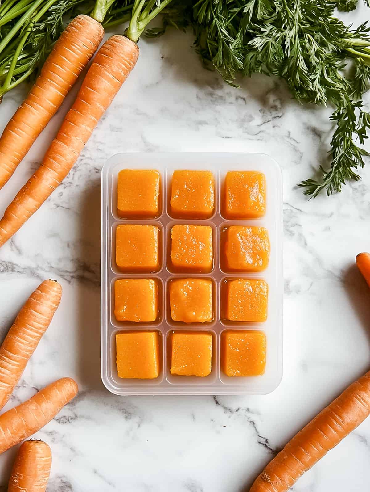 Close-up of frozen Hidden Veggie Carrot and Onion Puree cubes in a container on a marble counter, with fresh carrots around.