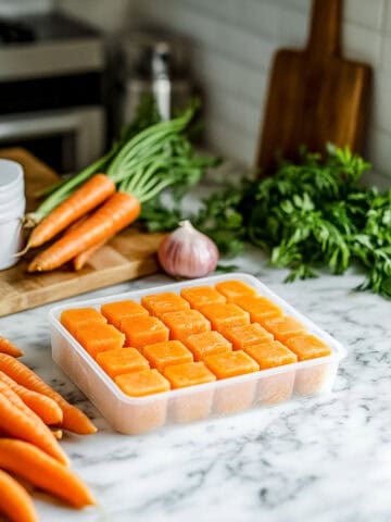 Frozen cubes of Hidden Veggie Carrot and Onion Puree in a container on a marble counter, surrounded by fresh carrots, garlic, and parsley.