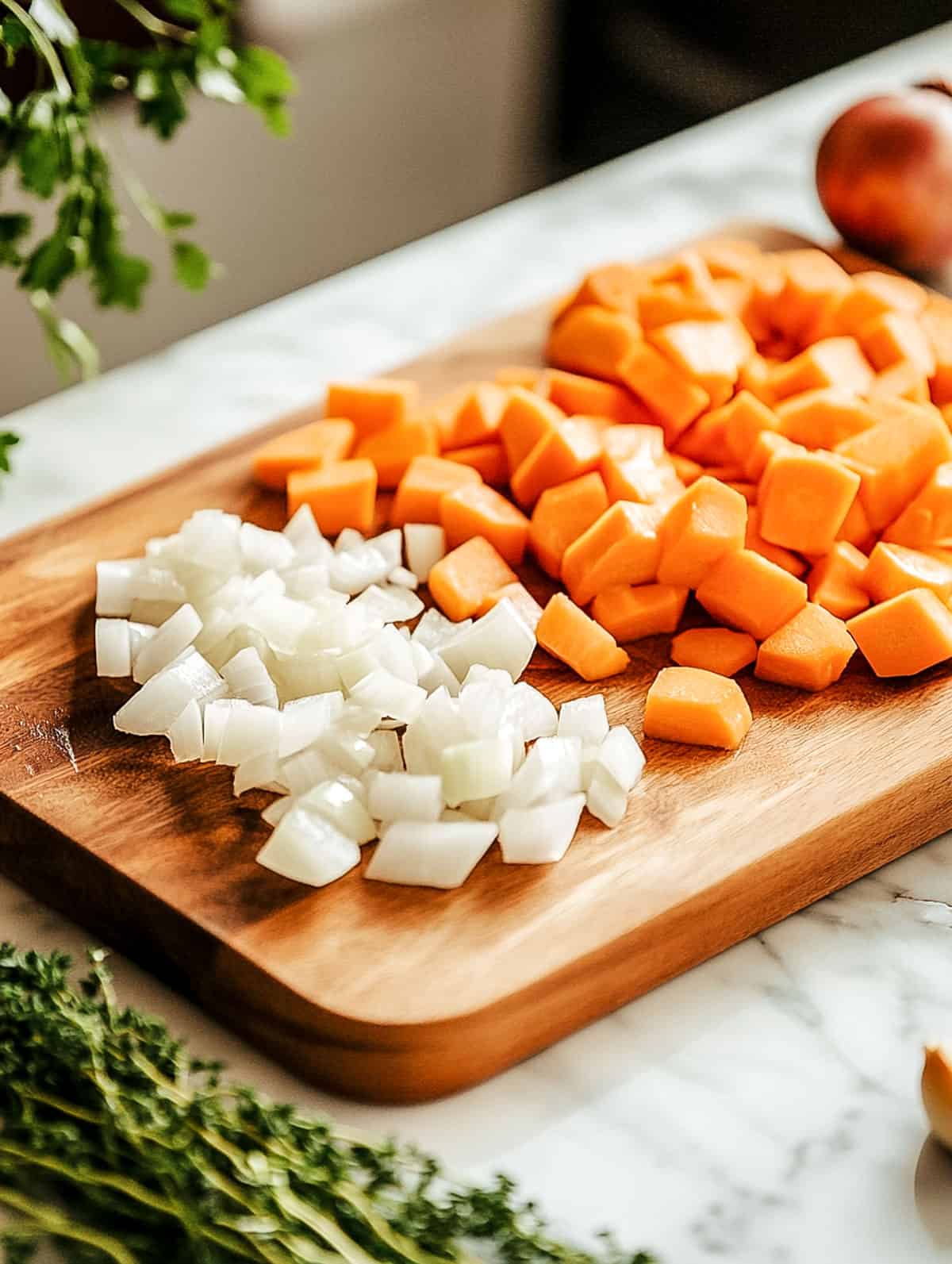 Chopped carrots and onions on a wooden cutting board on a marble counter, with fresh parsley and thyme in the background.