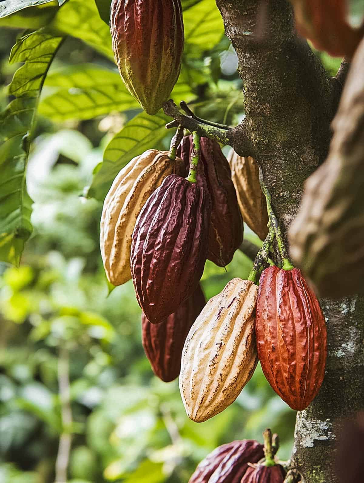 Close-up of cacao pods still hanging from a cacao tree. The pods range from deep red to pale yellow, illustrating the natural beauty and vibrant colors of the cacao plant before harvesting.