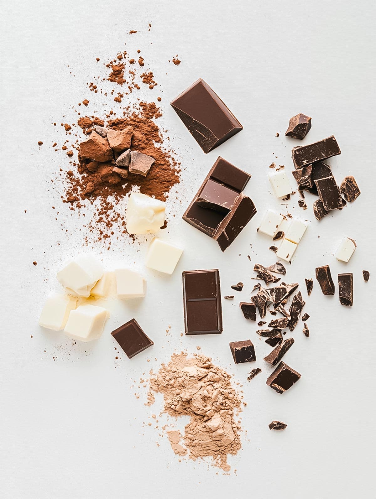 An overhead view of assorted chocolate pieces, cocoa powder, and white chocolate, representing various forms of chocolate in baking and cooking.