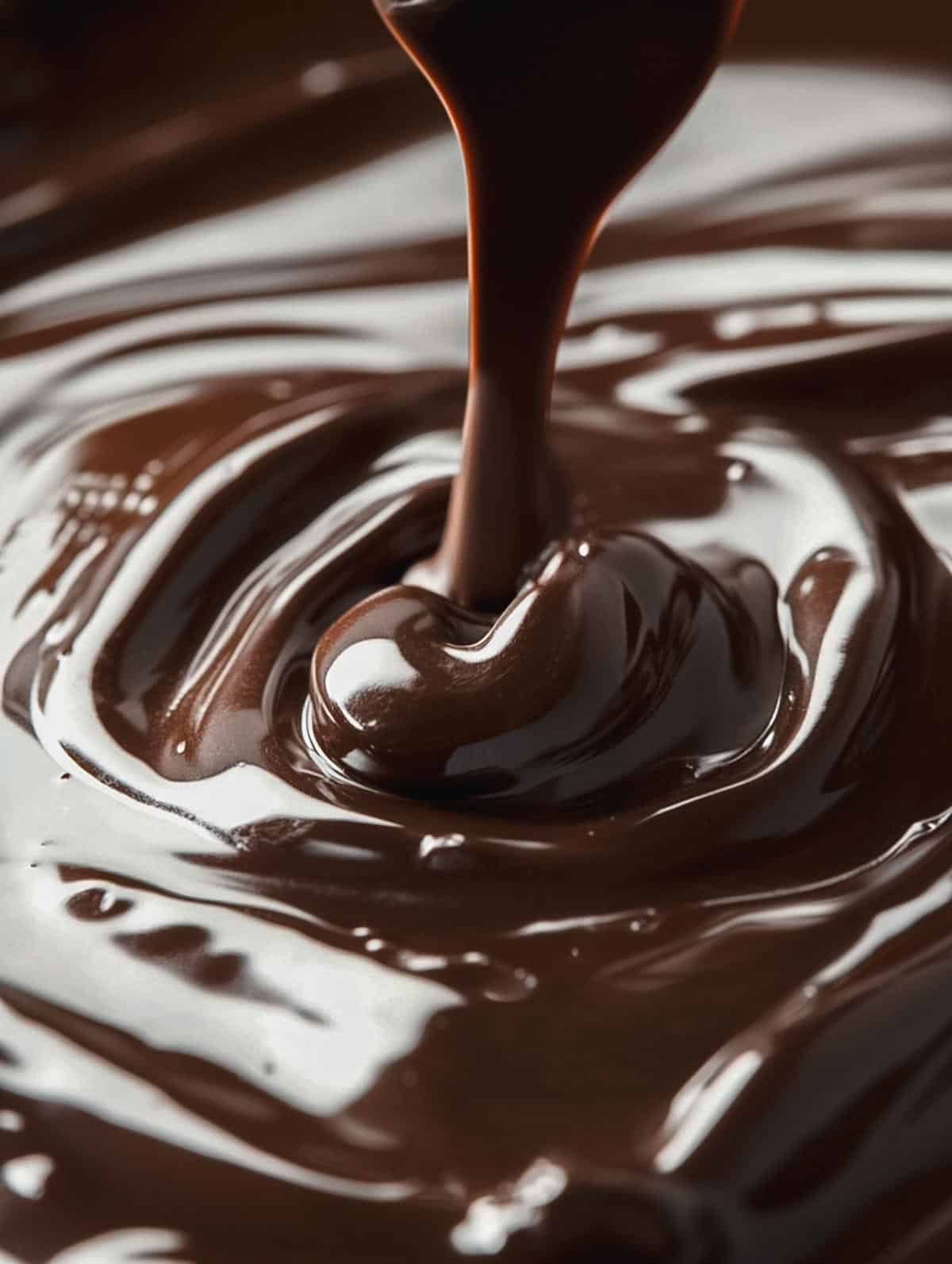 A close-up of melted chocolate being poured, with a rich, glossy texture.