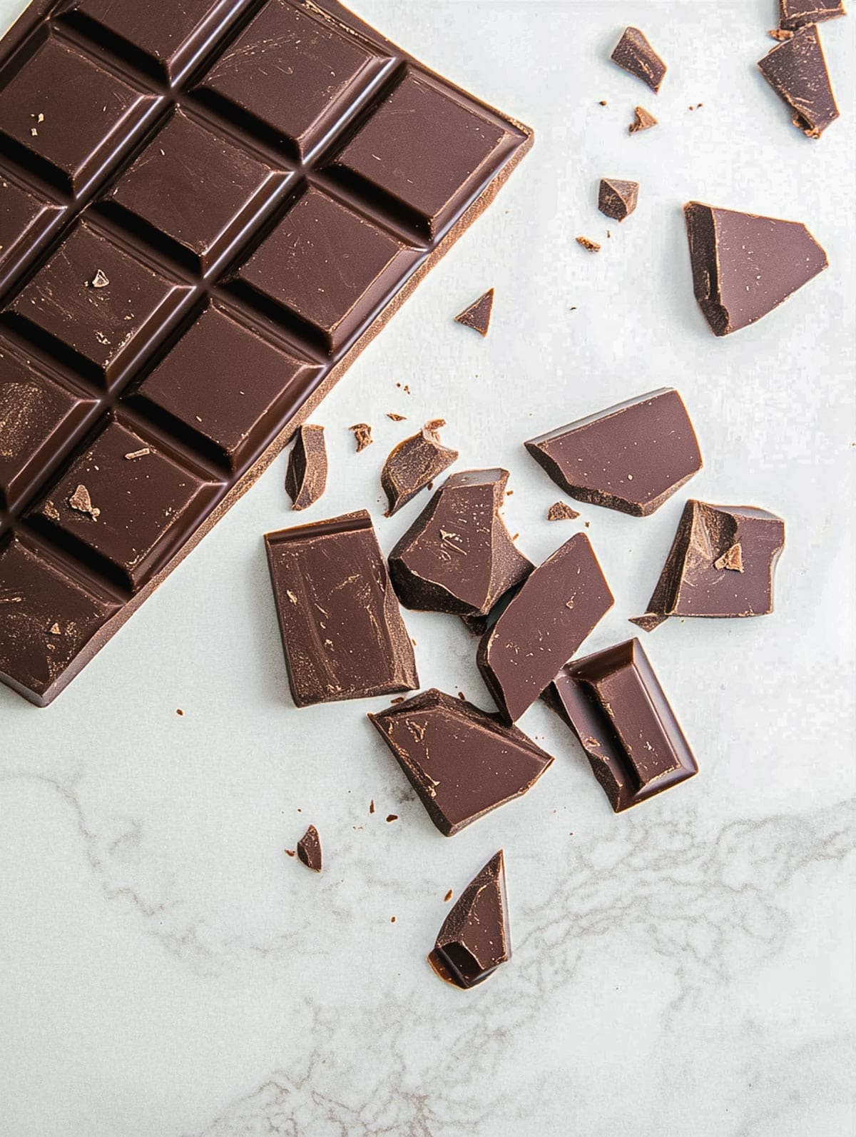 Chocolate bars and cocoa powder on a countertop, next to molds, showcasing different stages of the chocolate-making process.