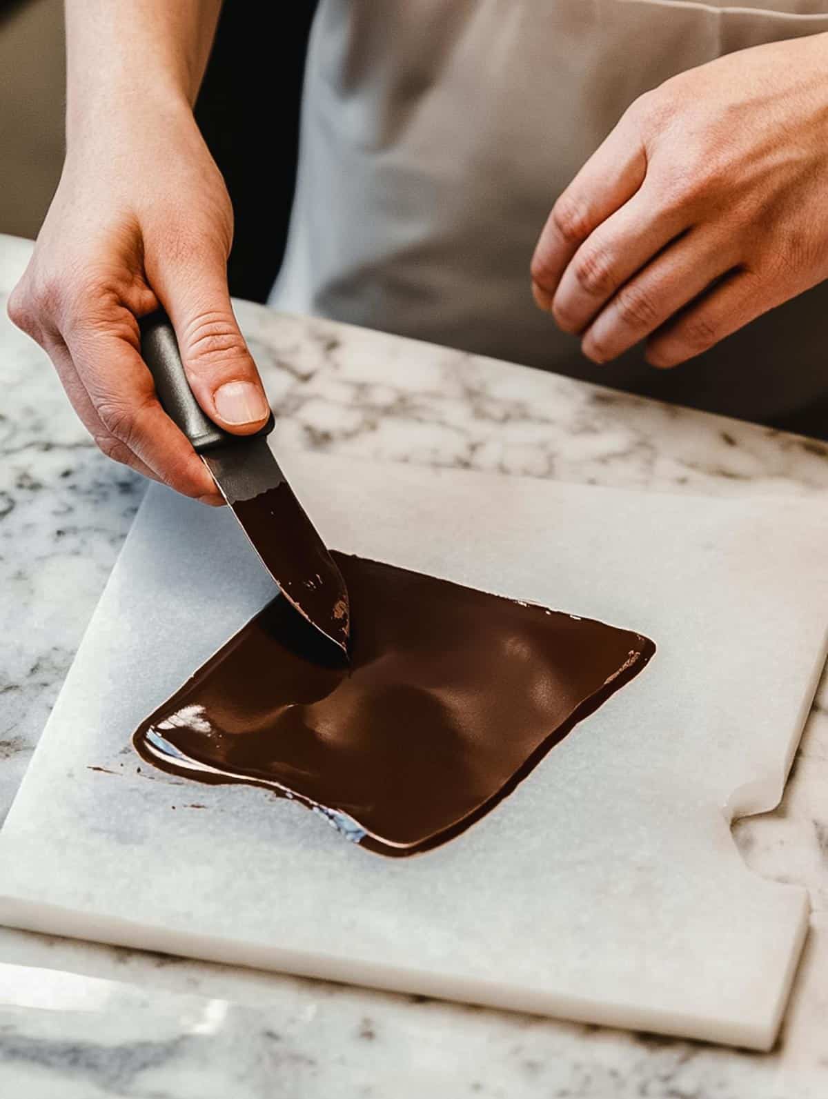 A chocolatier spreads melted chocolate on a marble slab with a spatula during the tempering process.