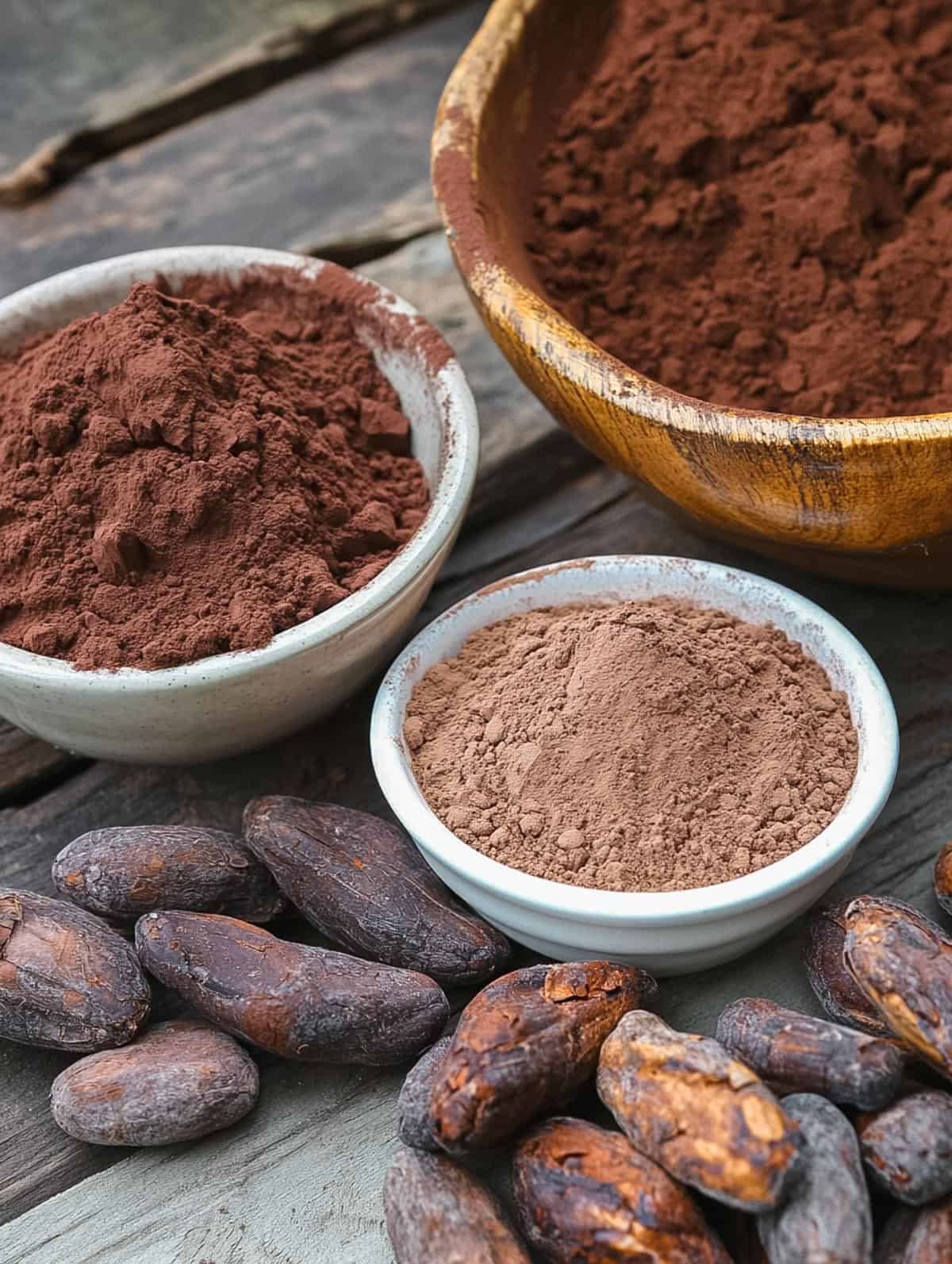 Bowls of cocoa powder and raw cacao beans on a rustic wooden table, representing the raw ingredients used in chocolate production.