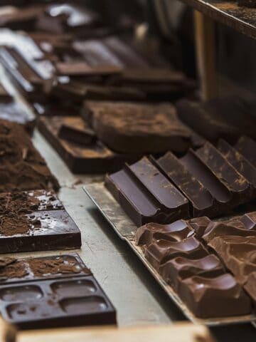 A detailed shot of assorted chocolates and confections and marbled chocolate bark, in a bakery display.