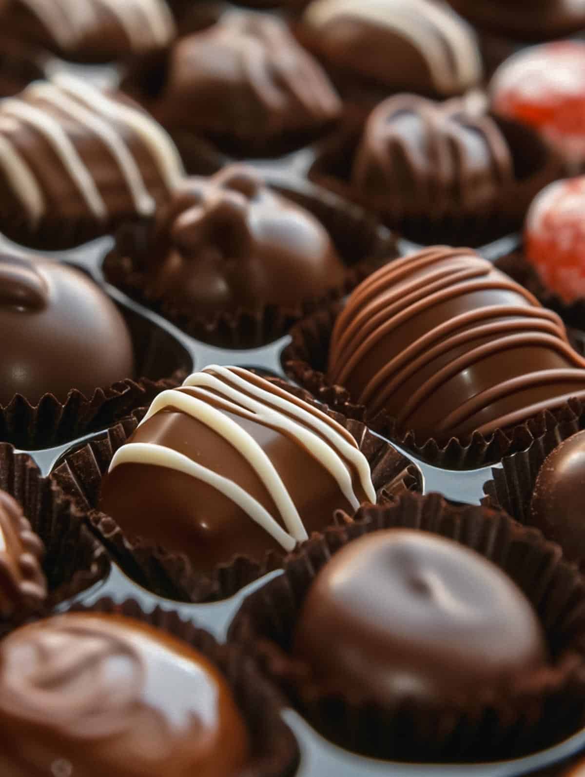 Close-up of gourmet chocolate truffles with various designs, including chocolate drizzle and ripple textures.