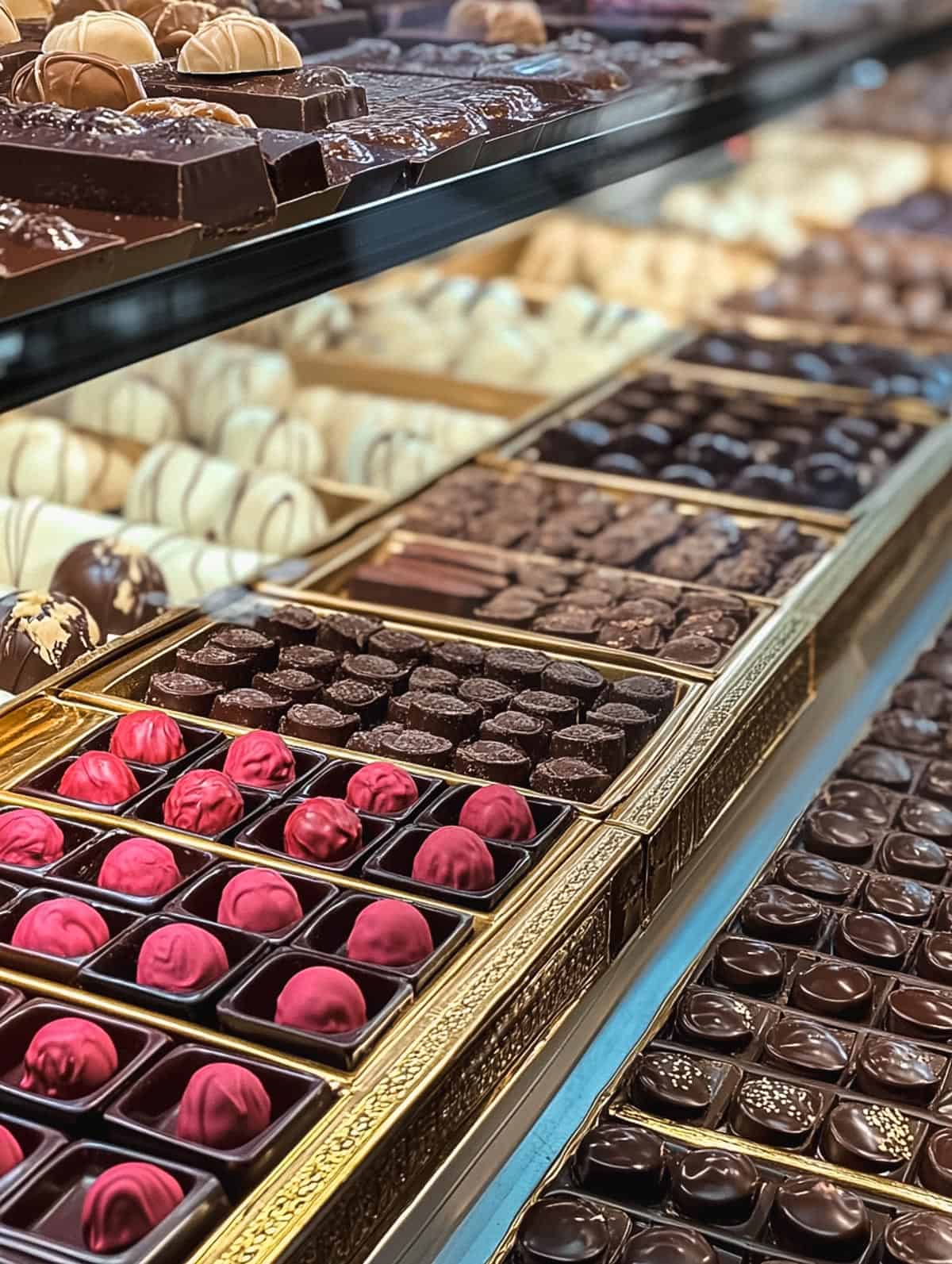 A display case filled with assorted gourmet chocolates, including dark, milk, and white chocolate truffles with decorative toppings.