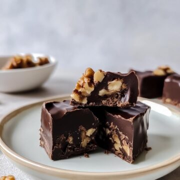 Chocolate walnut fudge stacked on a plate, showing walnut pieces inside.