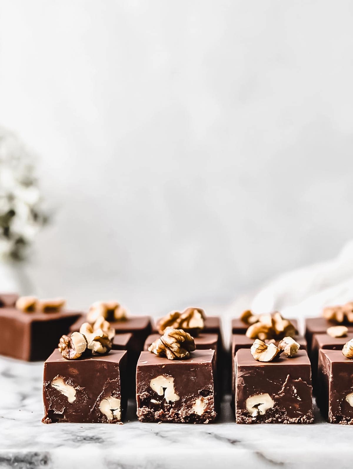 Finished squares of chocolate walnut fudge with walnuts on top.