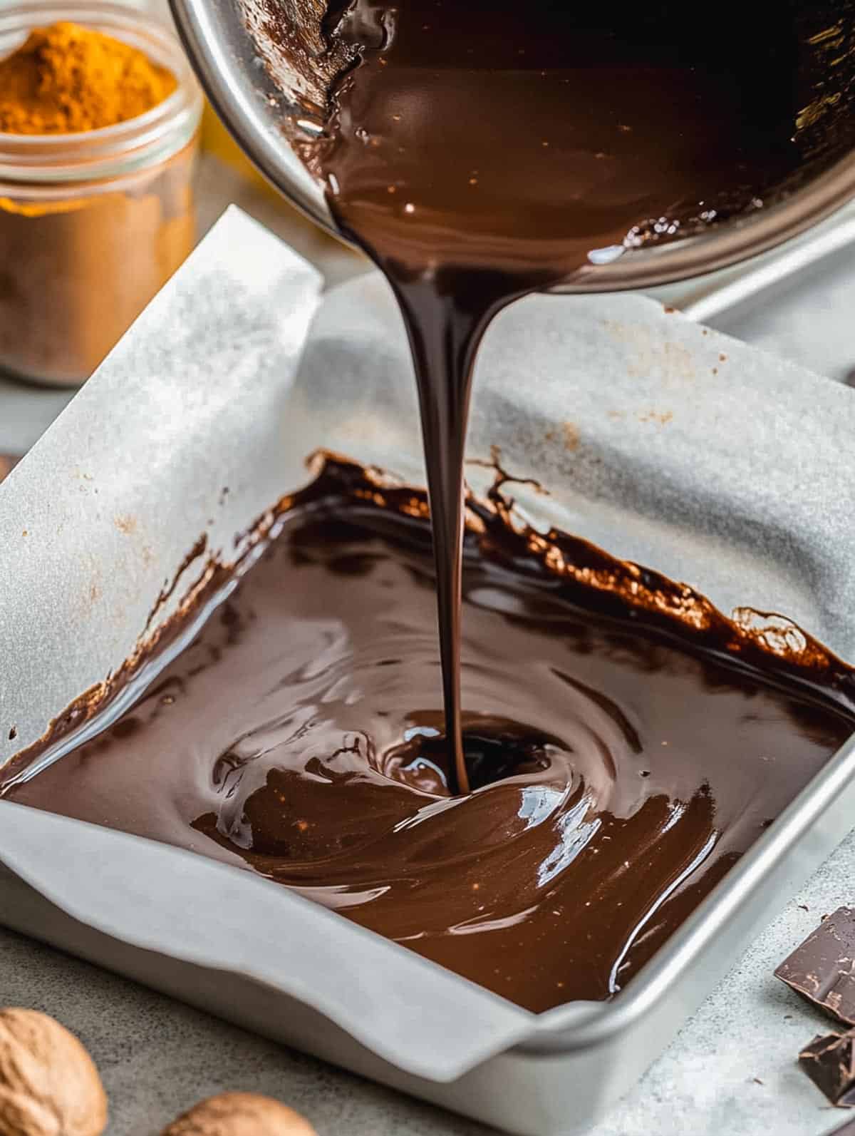 Pouring melted chocolate fudge into a lined baking pan.