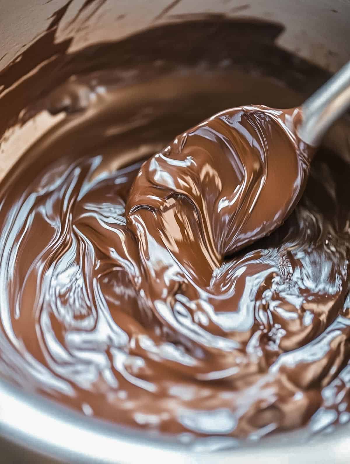 Melted chocolate being stirred in a bowl.