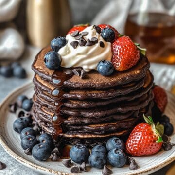 Stack of chocolate protein pancakes with whipped cream, berries, and chocolate chips.