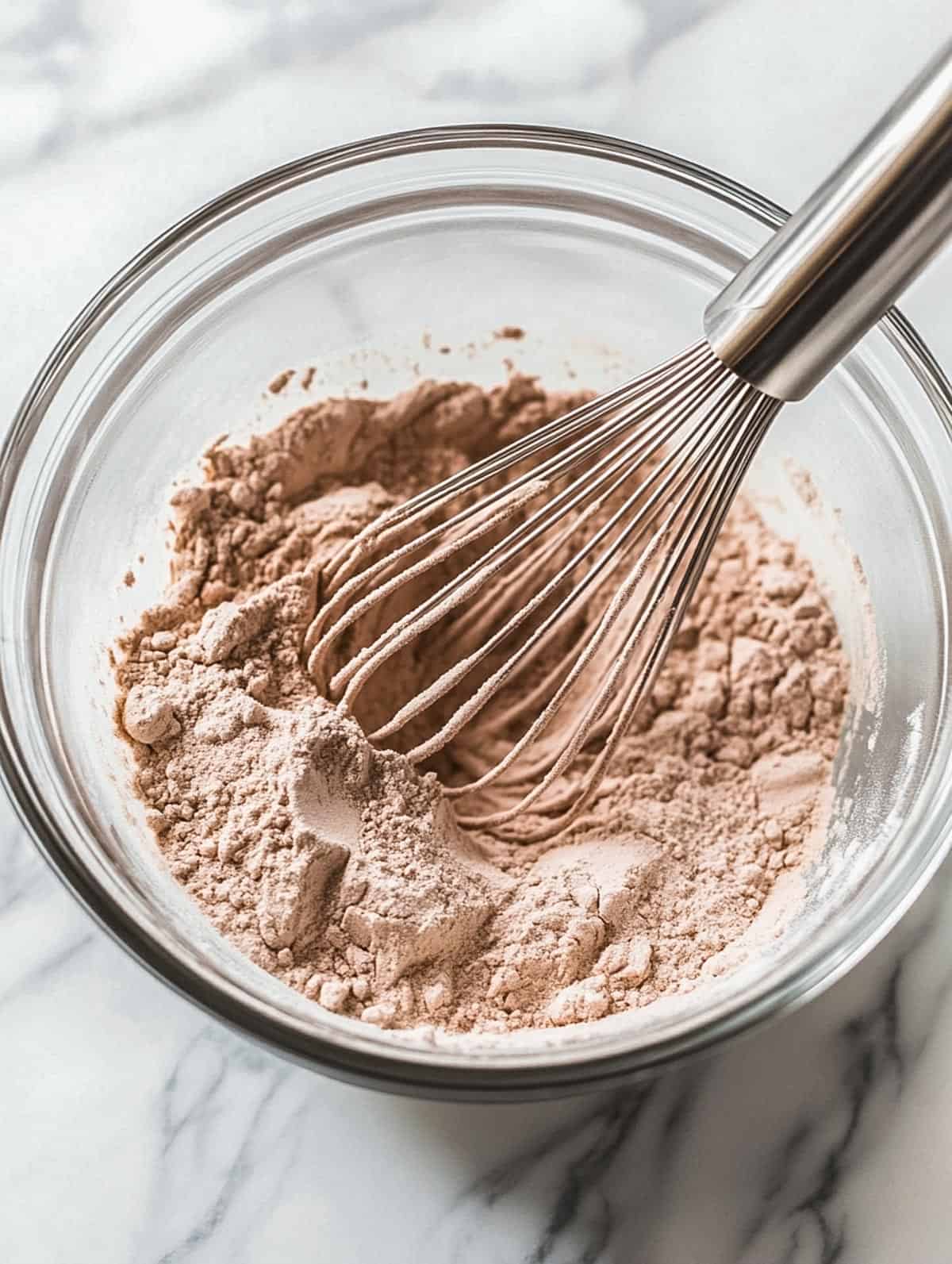 Mixing dry ingredients for chocolate protein pancakes with a whisk.