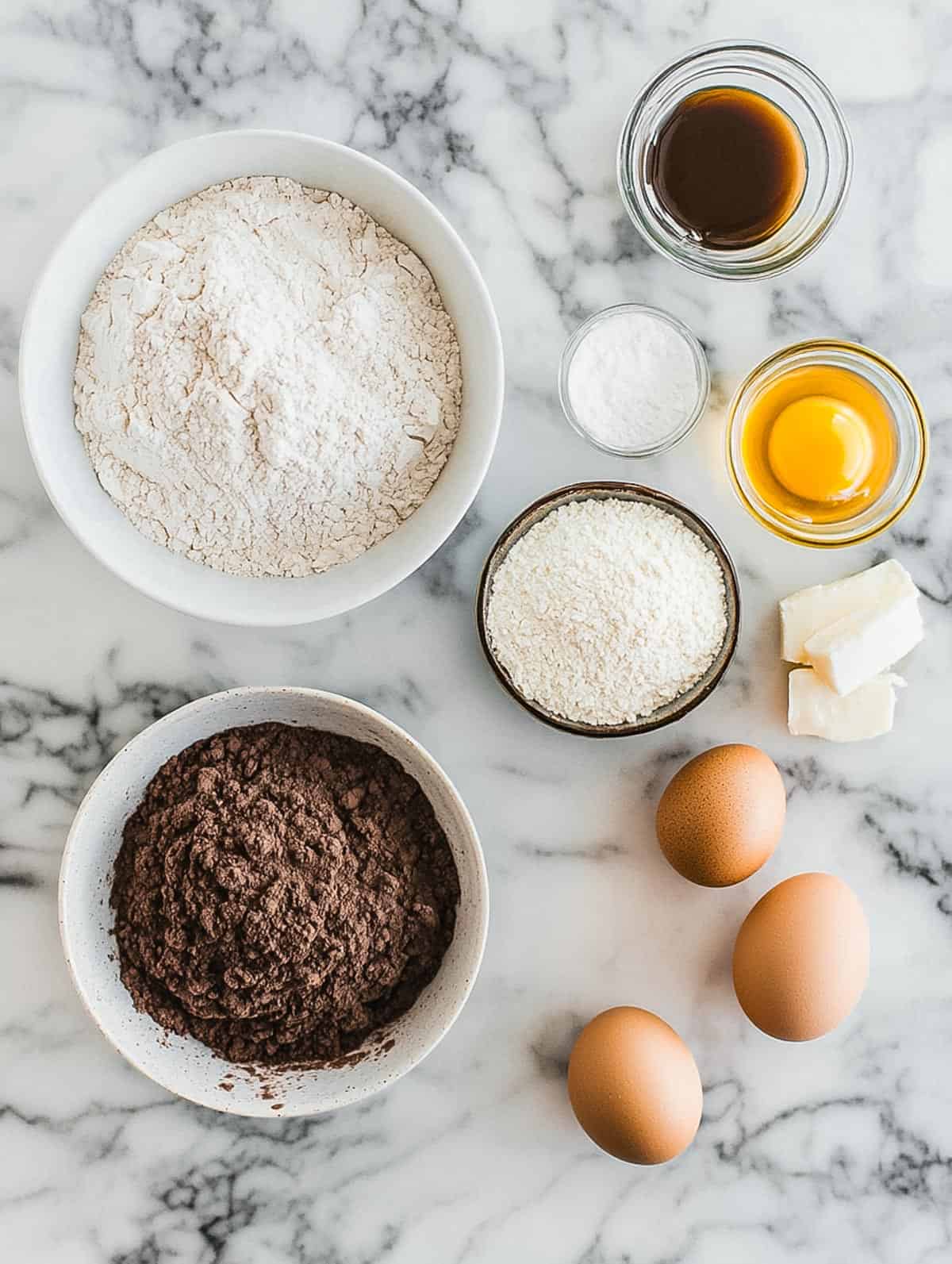 Ingredients for chocolate protein pancakes laid out on a marble countertop.