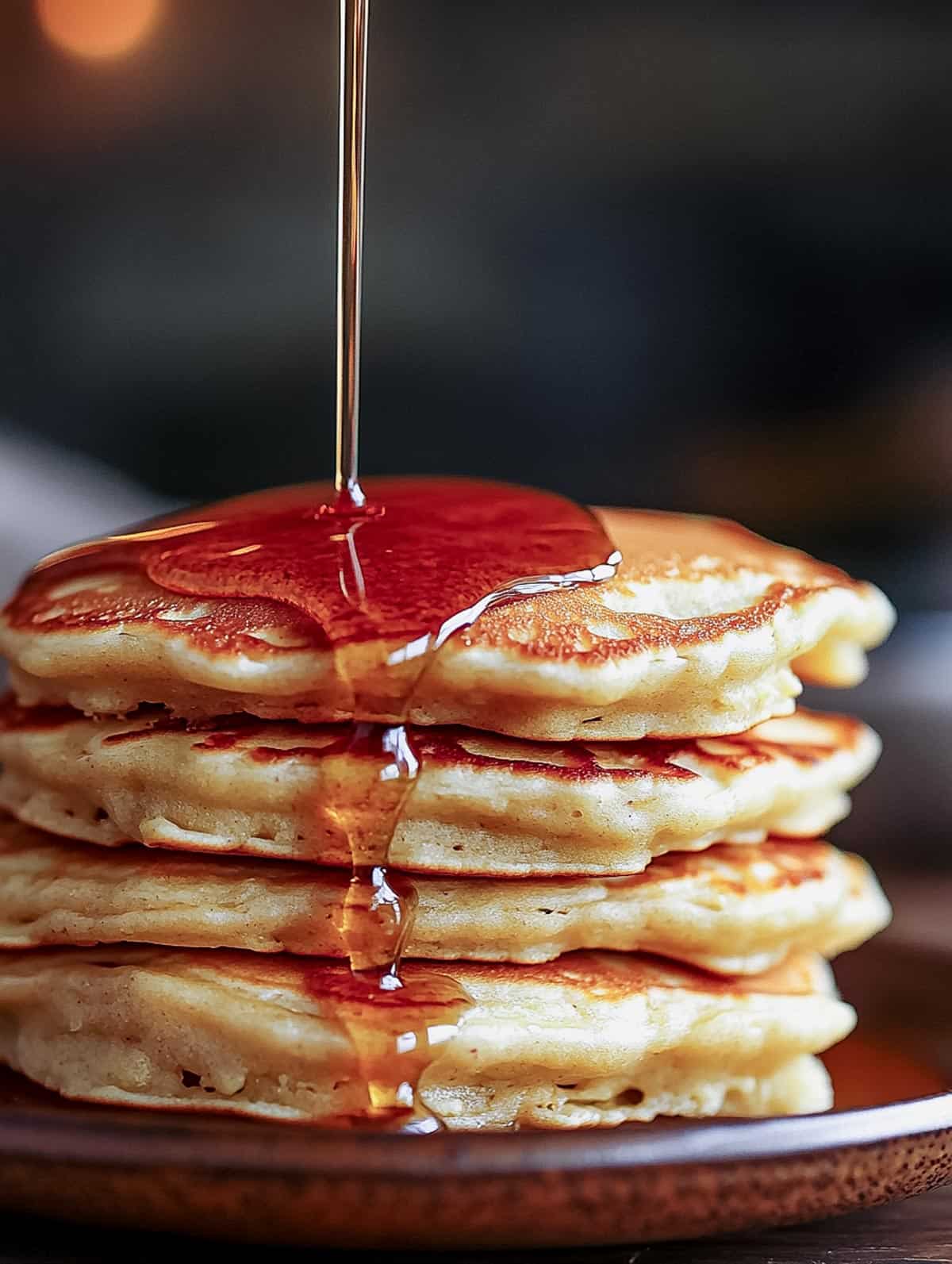 Maple syrup being poured over a stack of fluffy pancakes