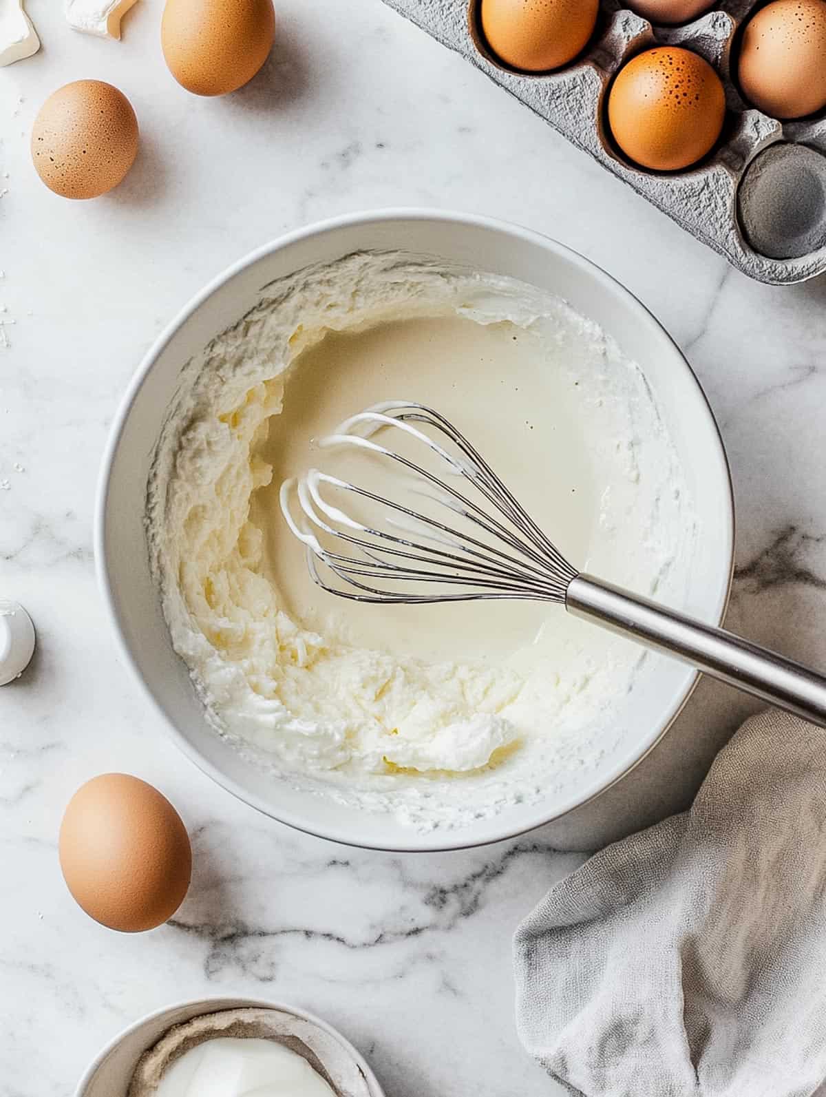 Mixing bowl with wet ingredients being whisked for protein pancakes, surrounded by eggs.