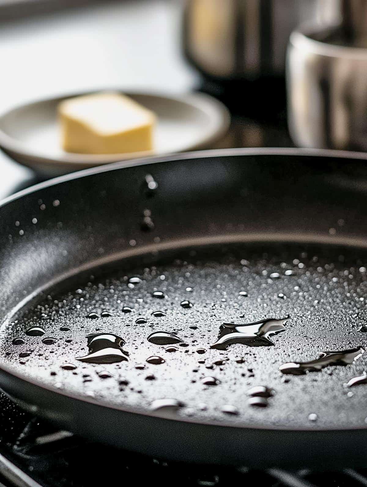 Preheated non-stick skillet with water droplets, ready for cooking pancakes.