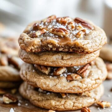 A stack of maple pecan cookies topped with chopped pecans and flaky sea salt, with a bite taken out of the top cookie.