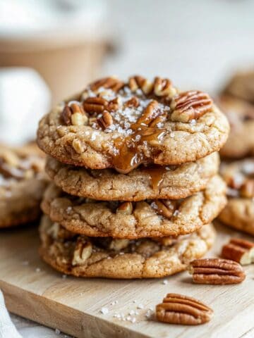 Maple brown sugar pecan cookies drizzled with caramel and sprinkled with sea salt, stacked on a wooden board.