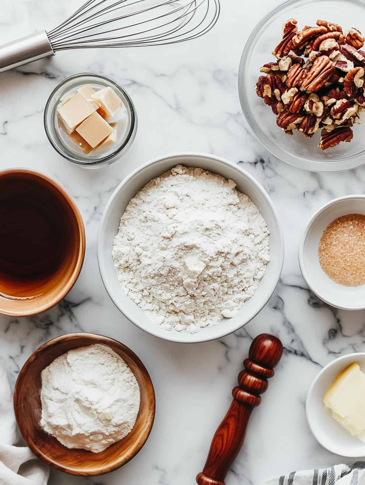 All ingredients for maple pecan cookies, including flour, butter, pecans, and maple fudge, arranged on a marble counter.