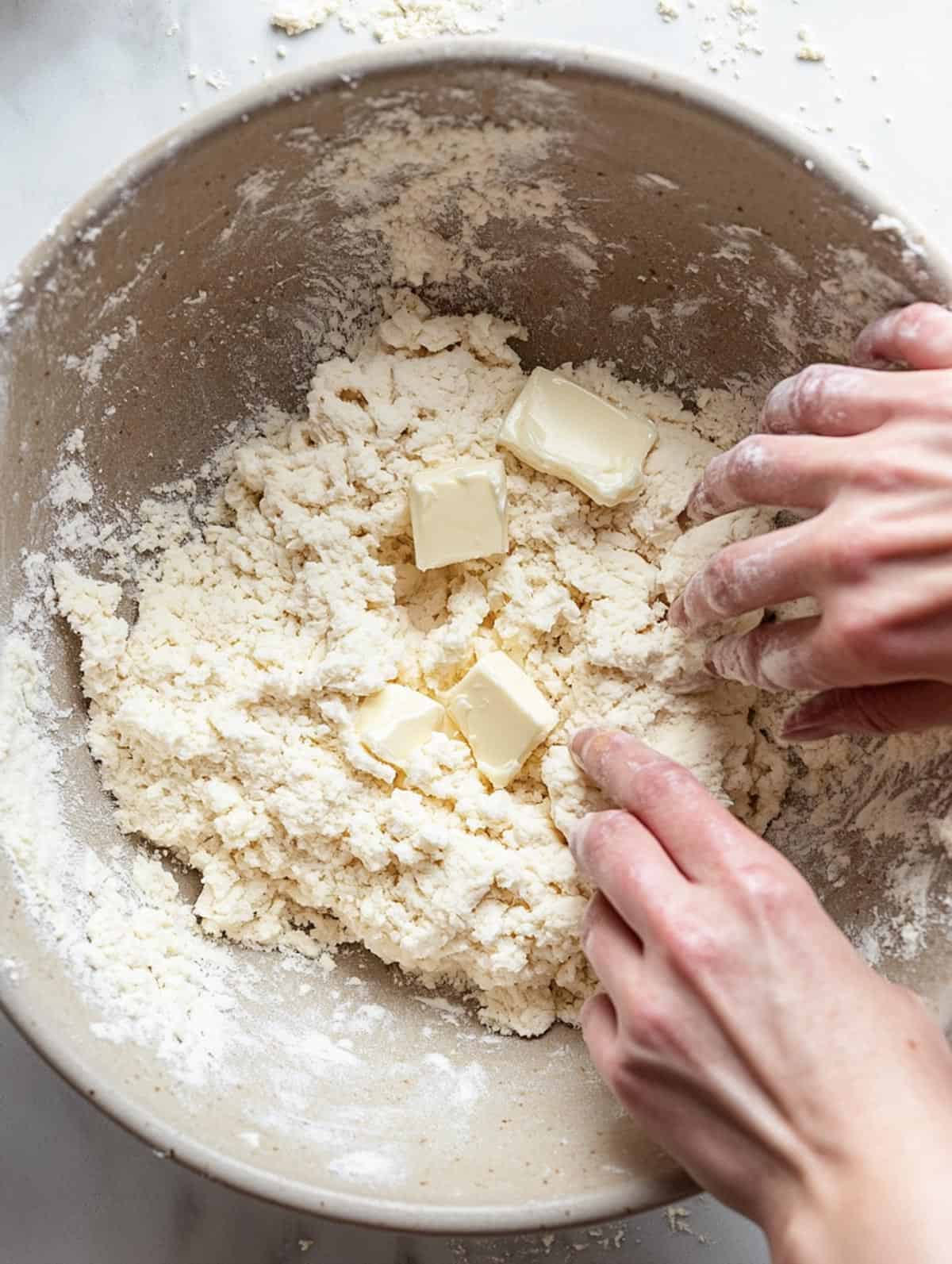 Hands mixing cold butter into flour while preparing dumpling dough.