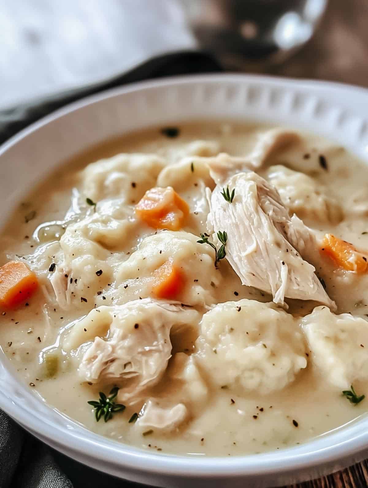 A close-up shot of chicken and dumpling soup with tender shredded chicken, fluffy dumplings, and vibrant carrots in a creamy broth.